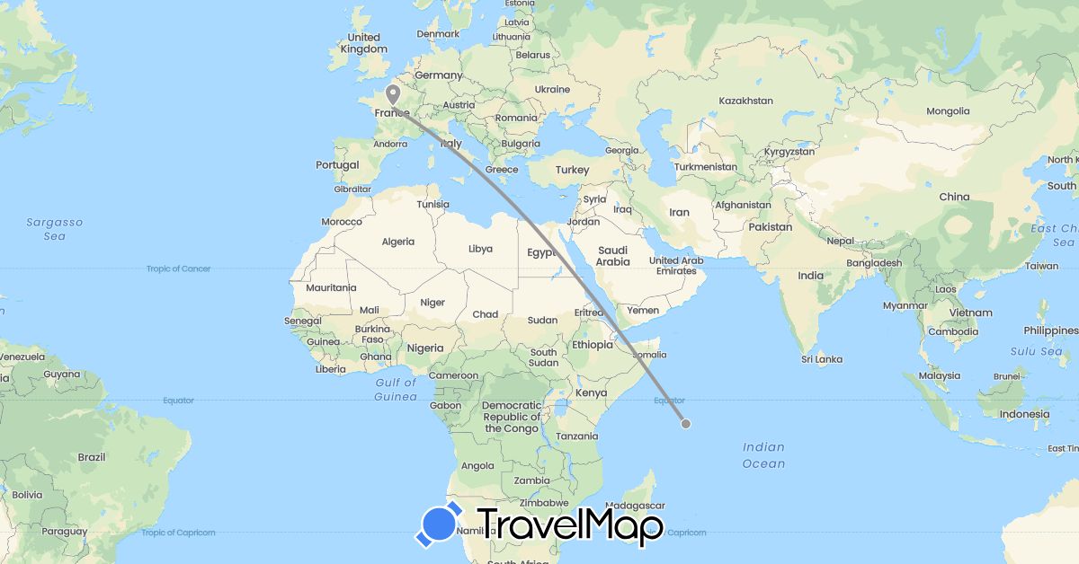 TravelMap itinerary: driving, plane in France, Seychelles (Africa, Europe)